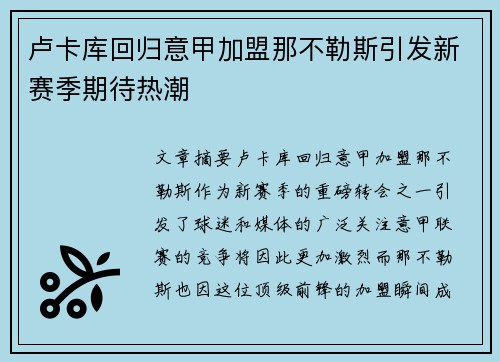 卢卡库回归意甲加盟那不勒斯引发新赛季期待热潮