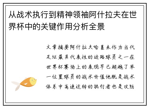 从战术执行到精神领袖阿什拉夫在世界杯中的关键作用分析全景