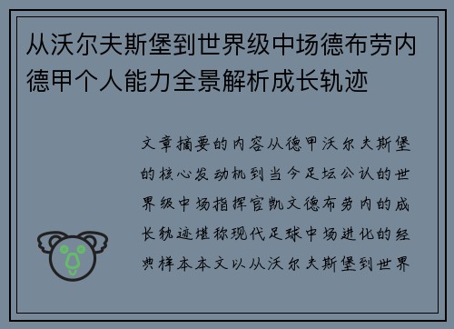 从沃尔夫斯堡到世界级中场德布劳内德甲个人能力全景解析成长轨迹